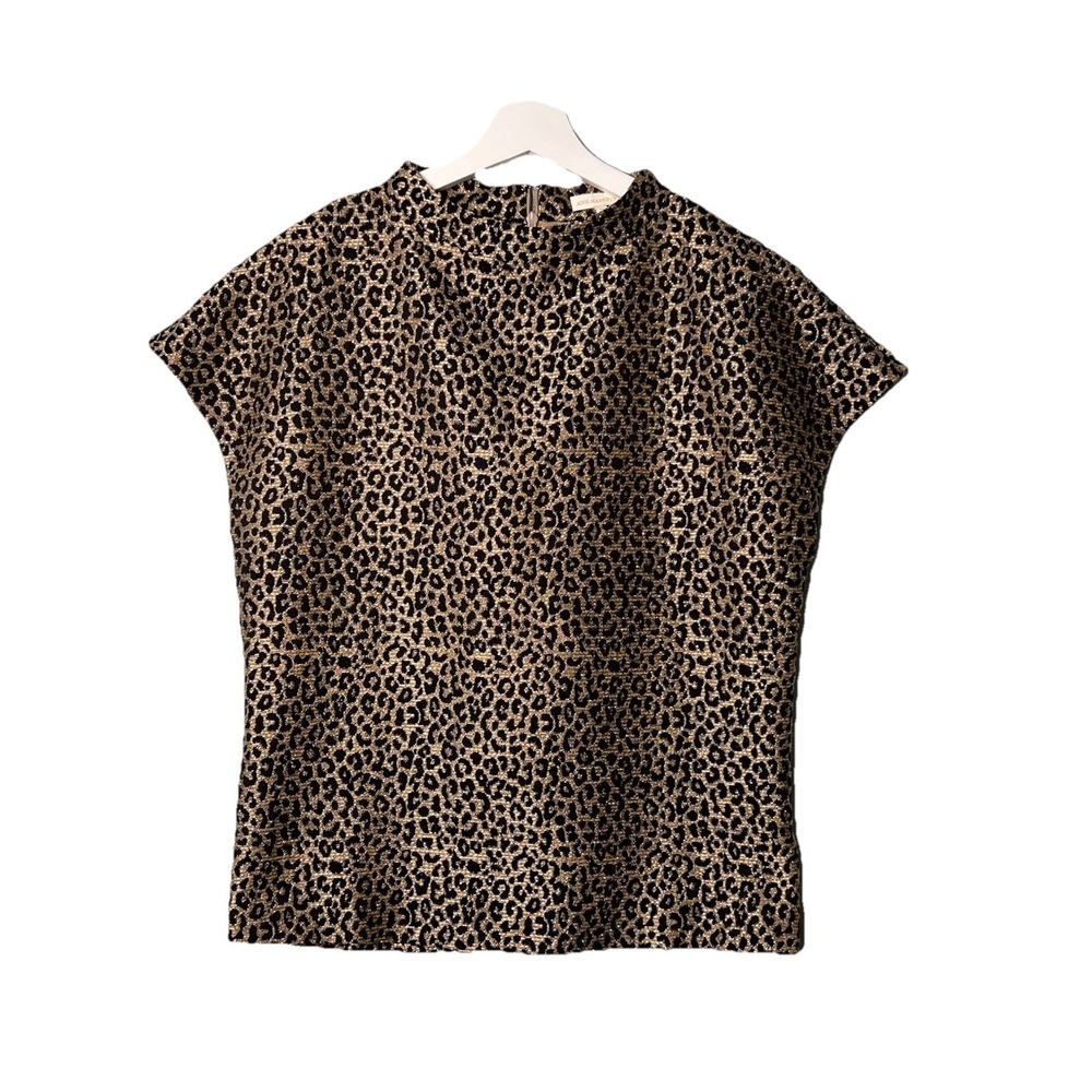 New Ann Mashburn Animal Leopard Metallic Print Blouse Top Size XS